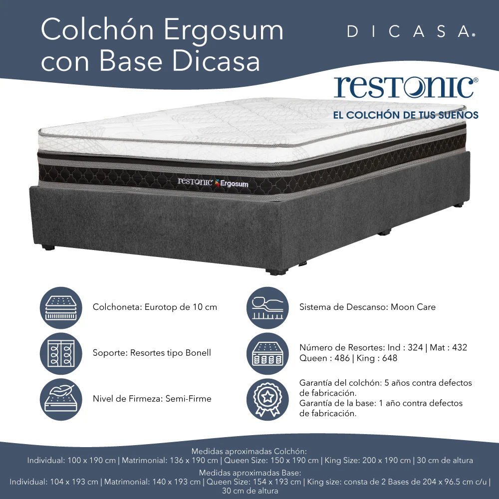 Colchón Restonic Ergosum con Base Cama con Ropa de Cama - Image 4
