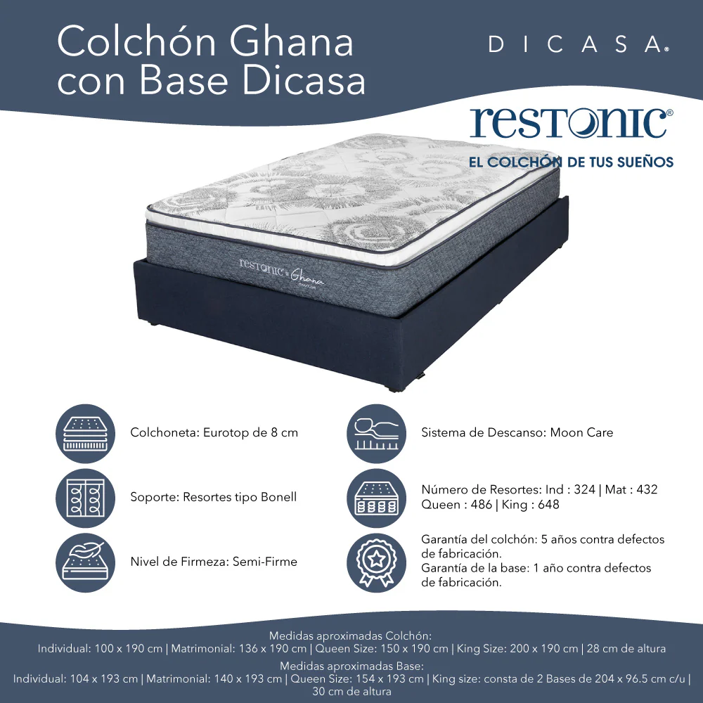 Colchón Restonic Ghana con Base Cama con Ropa de Cama - Image 3