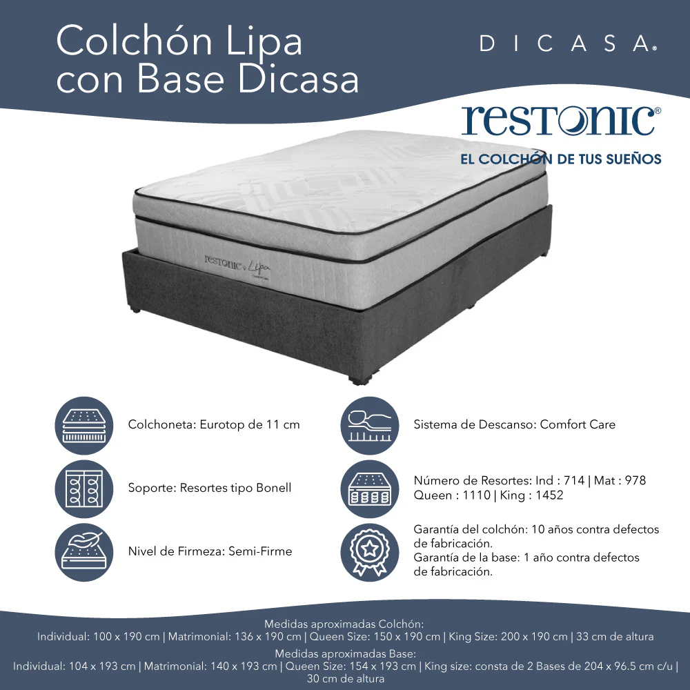 Colchón Restonic Lipa con Base Cama con Ropa de Cama - Image 3