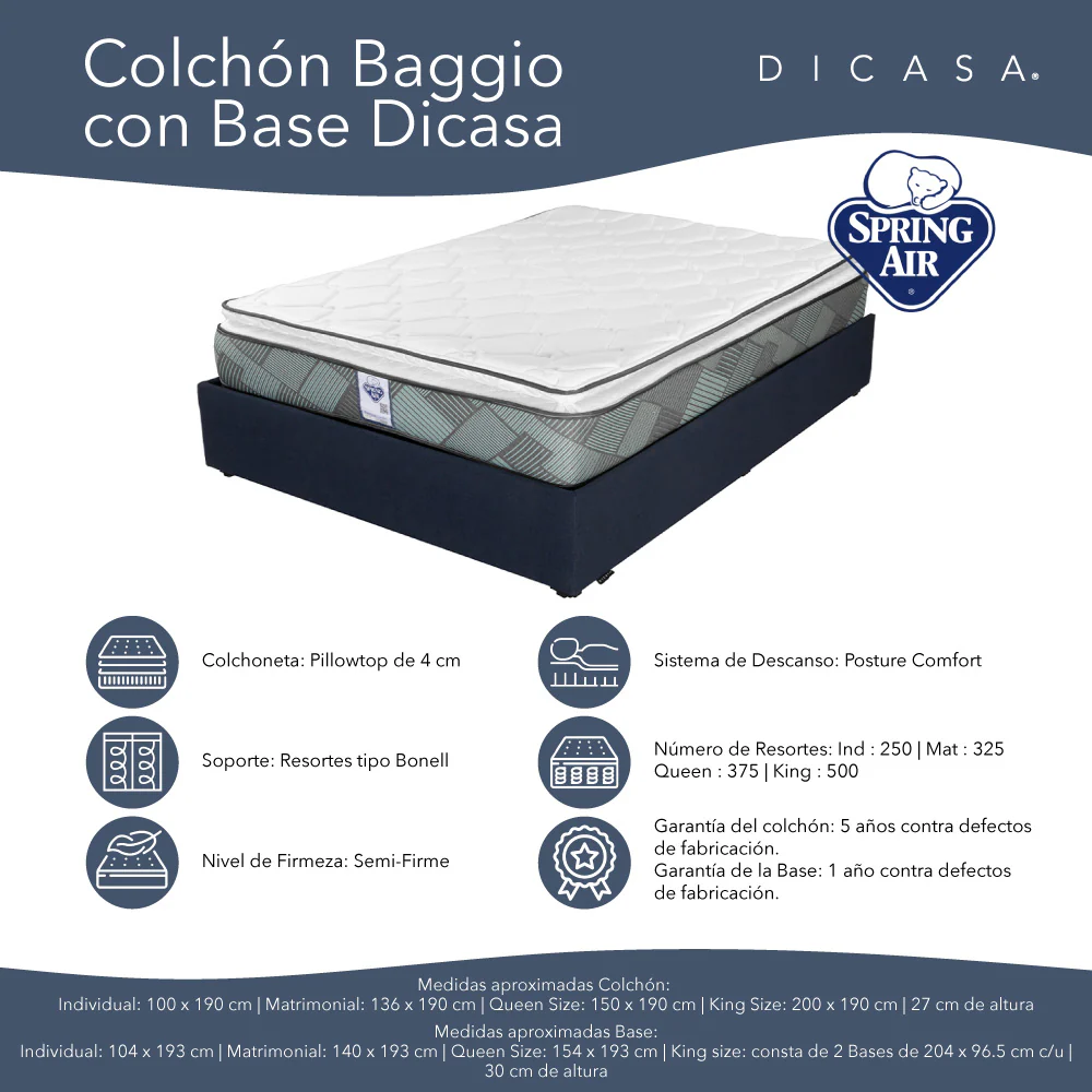 Colchón Spring Air Baggio con Base Cama con Ropa de Cama - Image 3