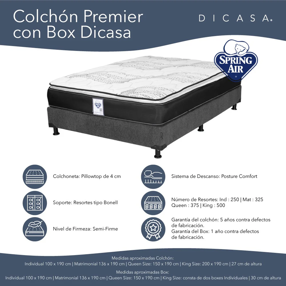 Colchón Spring Air Premier con Box Gris Oscuro con Ropa de Cama - Image 4